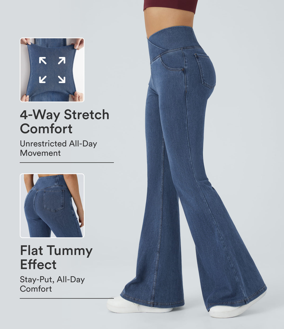 High Waisted Crossover Pocket Washed Casual Jeans — Washed Denim Bleached Blue — view 1
