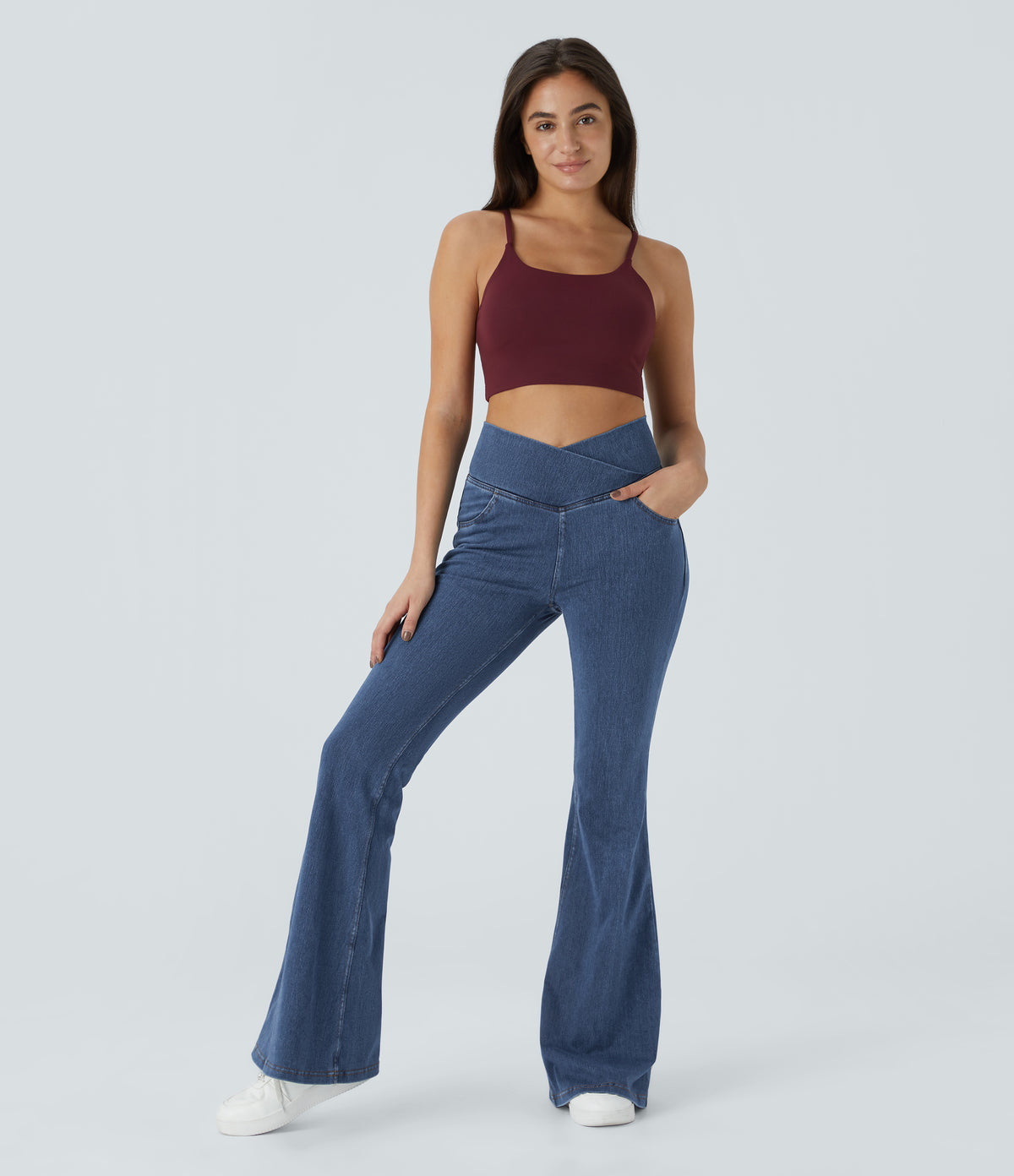 High Waisted Crossover Pocket Washed Casual Jeans — Washed Denim Bleached Blue — view 6