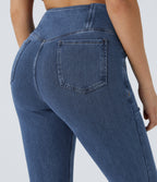 High Waisted Crossover Pocket Washed Casual Jeans — Washed Denim Bleached Blue — view 5