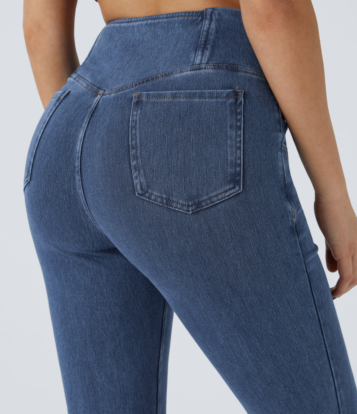 High Waisted Crossover Pocket Washed Casual Jeans — Washed Denim Bleached Blue — view 5
