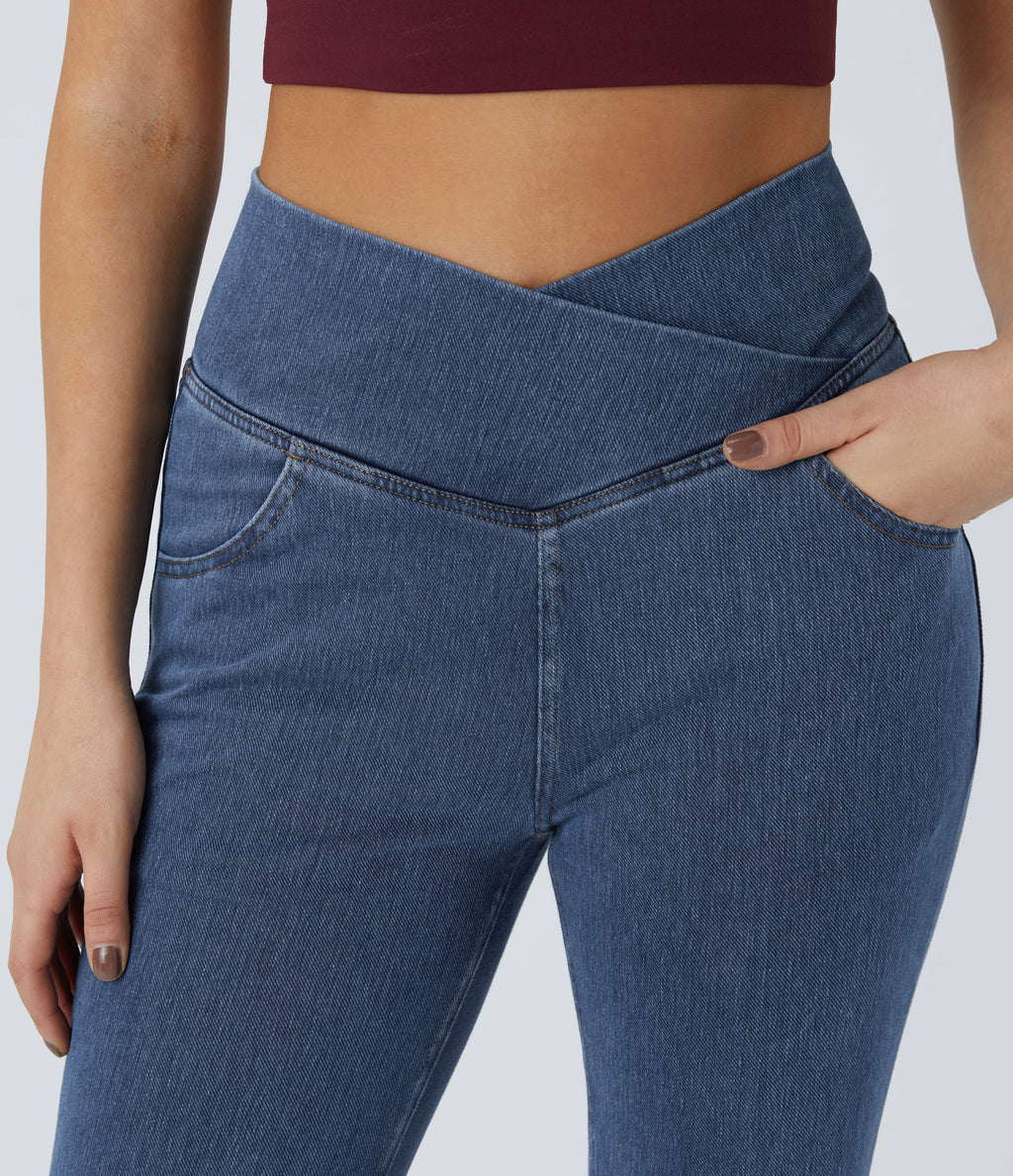 High Waisted Crossover Pocket Washed Casual Jeans — Washed Denim Bleached Blue — view 4