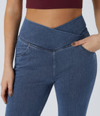 High Waisted Crossover Pocket Washed Casual Jeans — Washed Denim Bleached Blue — view 4