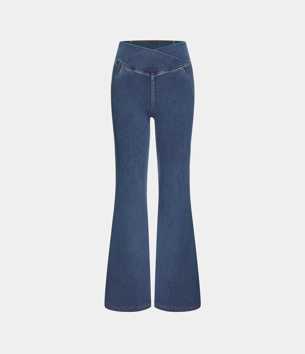 High Waisted Crossover Pocket Washed Casual Jeans — Washed Denim Bleached Blue — view 7