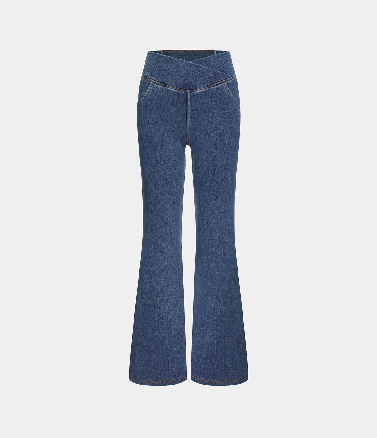 High Waisted Crossover Pocket Washed Casual Jeans — Washed Denim Bleached Blue — view 7