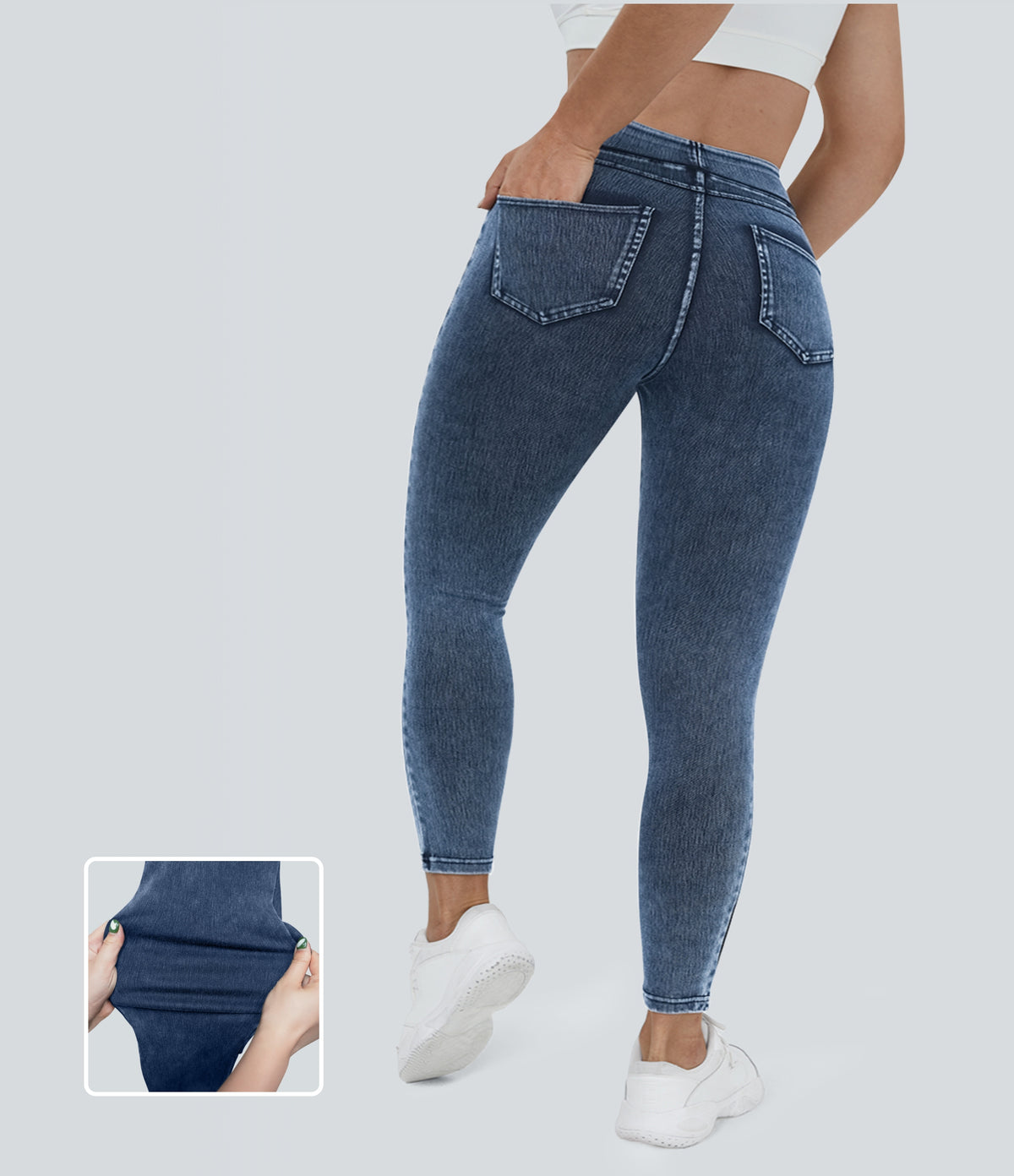 High Waisted Pocket Denim Plus Size Casual Leggings — Washed Denim Bleached Blue — view 1