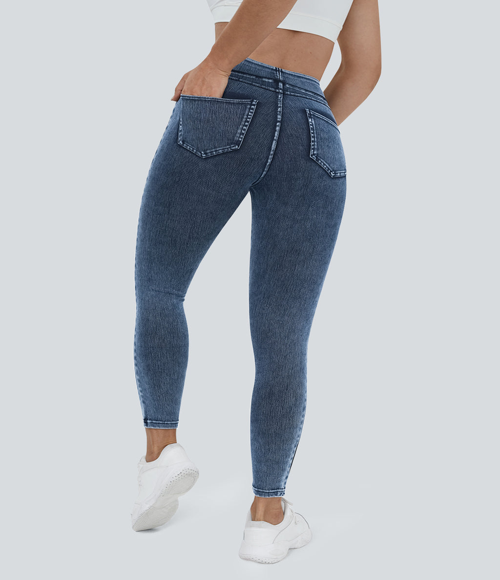 High Waisted Pocket Denim Plus Size Casual Leggings — Washed Denim Bleached Blue — view 4
