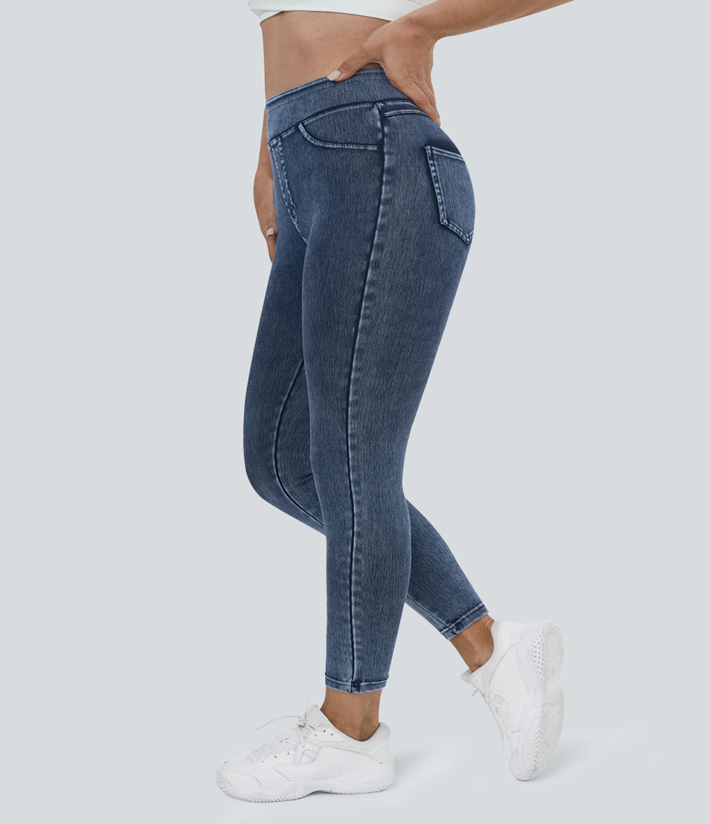 High Waisted Pocket Denim Plus Size Casual Leggings — Washed Denim Bleached Blue — view 3