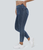 High Waisted Pocket Denim Plus Size Casual Leggings — Washed Denim Bleached Blue — view 3