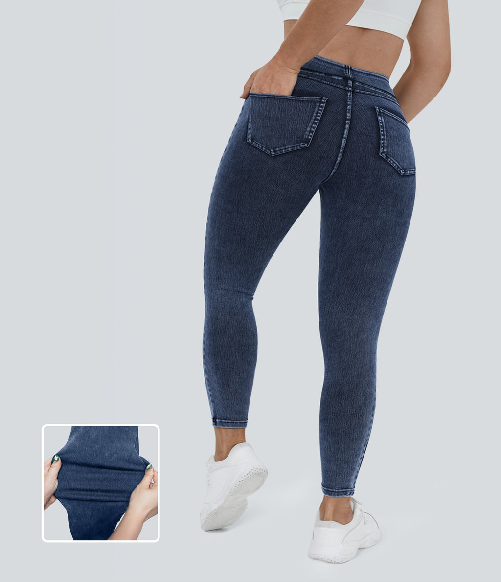 High Waisted Pocket Denim Plus Size Casual Leggings — Washed Denim Navy Blue — view 6