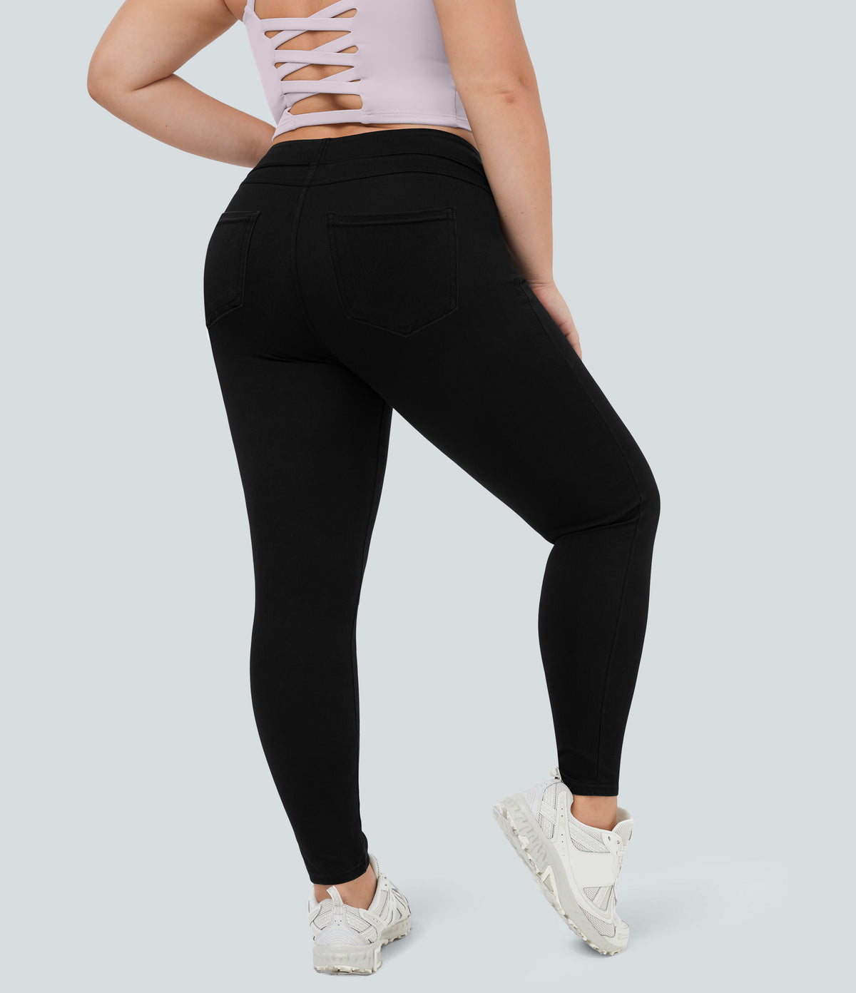 High Waisted Pocket Denim Plus Size Casual Leggings — Black Denim — view 5