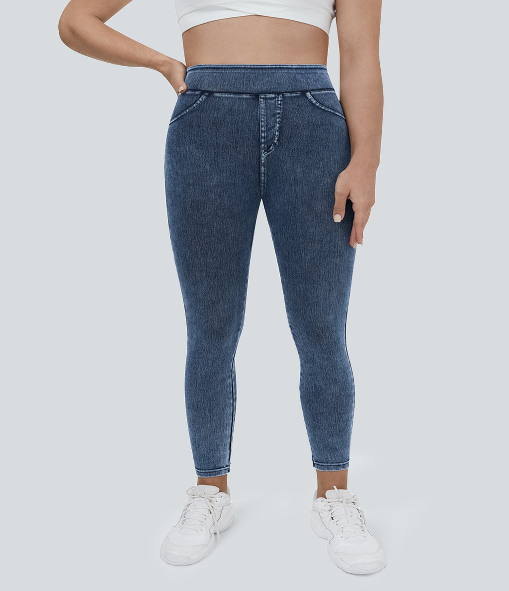 High Waisted Pocket Denim Plus Size Casual Leggings — Washed Denim Bleached Blue — view 2