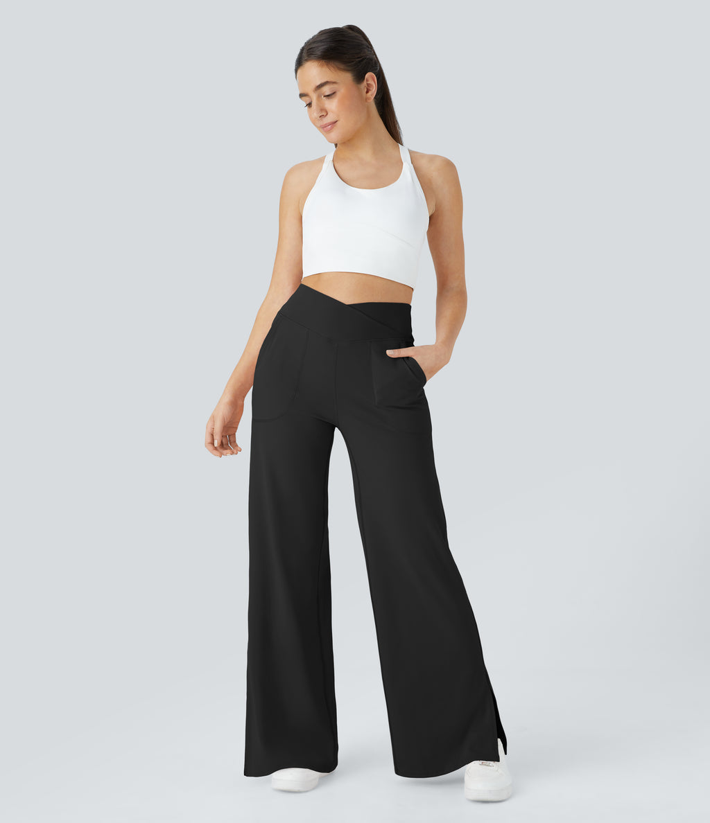 Crossover Pocket Hem Wide Leg Yoga Trousers-Smile — Black — view 7