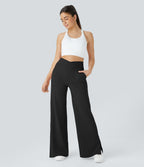 Crossover Pocket Hem Wide Leg Yoga Trousers-Smile — Black — view 7