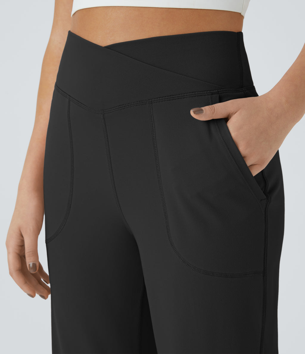 Crossover Pocket Hem Wide Leg Yoga Trousers-Smile — Black — view 4
