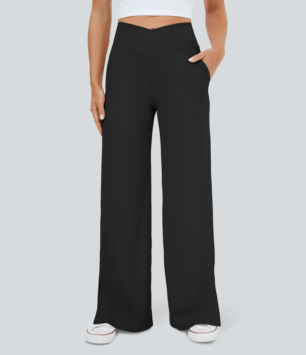 Crossover Pocket Hem Wide Leg Yoga Trousers-Smile — Black — view 1