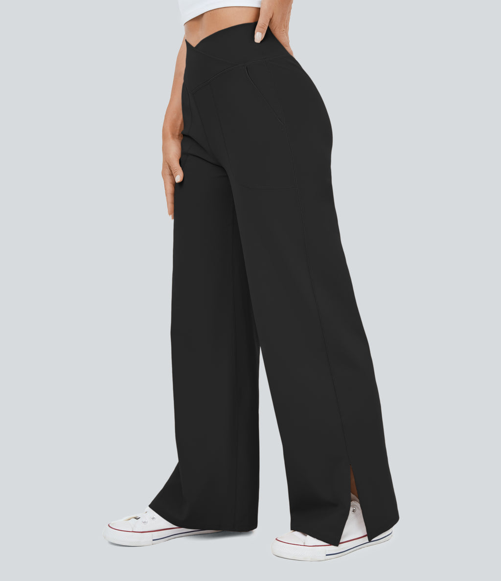 Crossover Pocket Hem Wide Leg Yoga Trousers-Smile — Black — view 3
