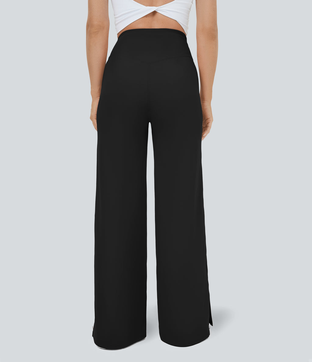 Crossover Pocket Hem Wide Leg Yoga Trousers-Smile — Black — view 2