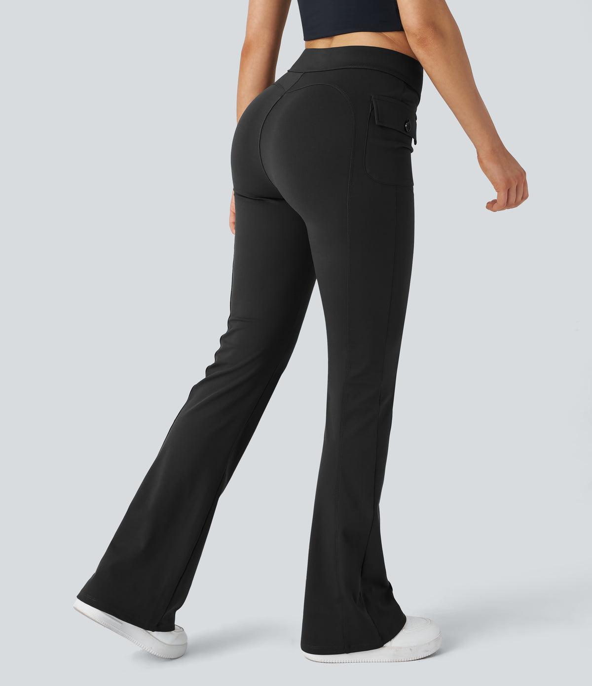 High Waisted Side Flap Pocket Flare Casual Cargo Trousers — Black — view 2