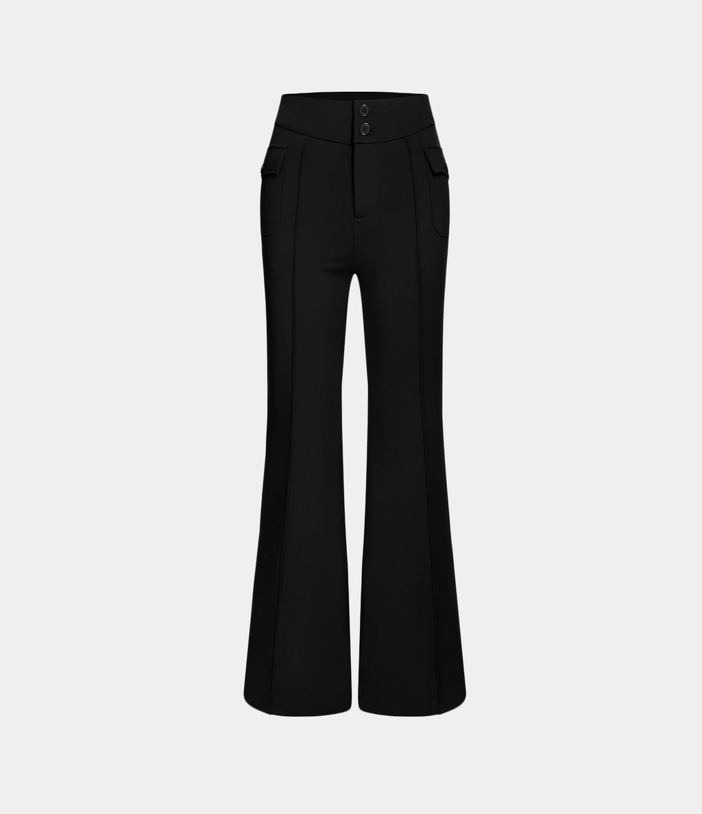 High Waisted Side Flap Pocket Flare Casual Cargo Trousers — Black — view 7