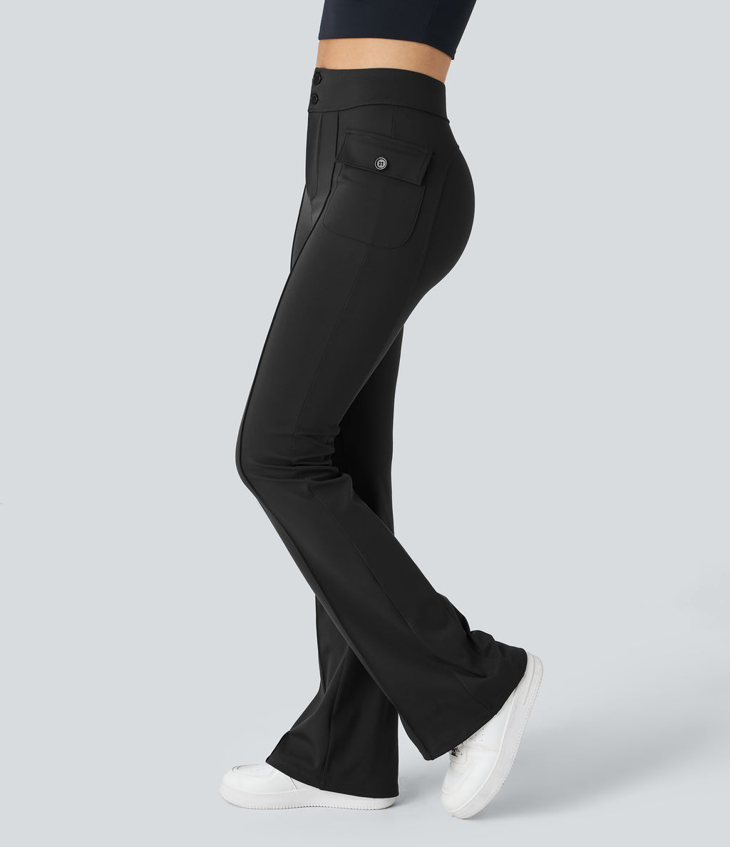 High Waisted Side Flap Pocket Flare Casual Cargo Trousers — Black — view 1