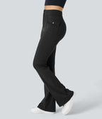 High Waisted Side Flap Pocket Flare Casual Cargo Trousers — Black — view 1