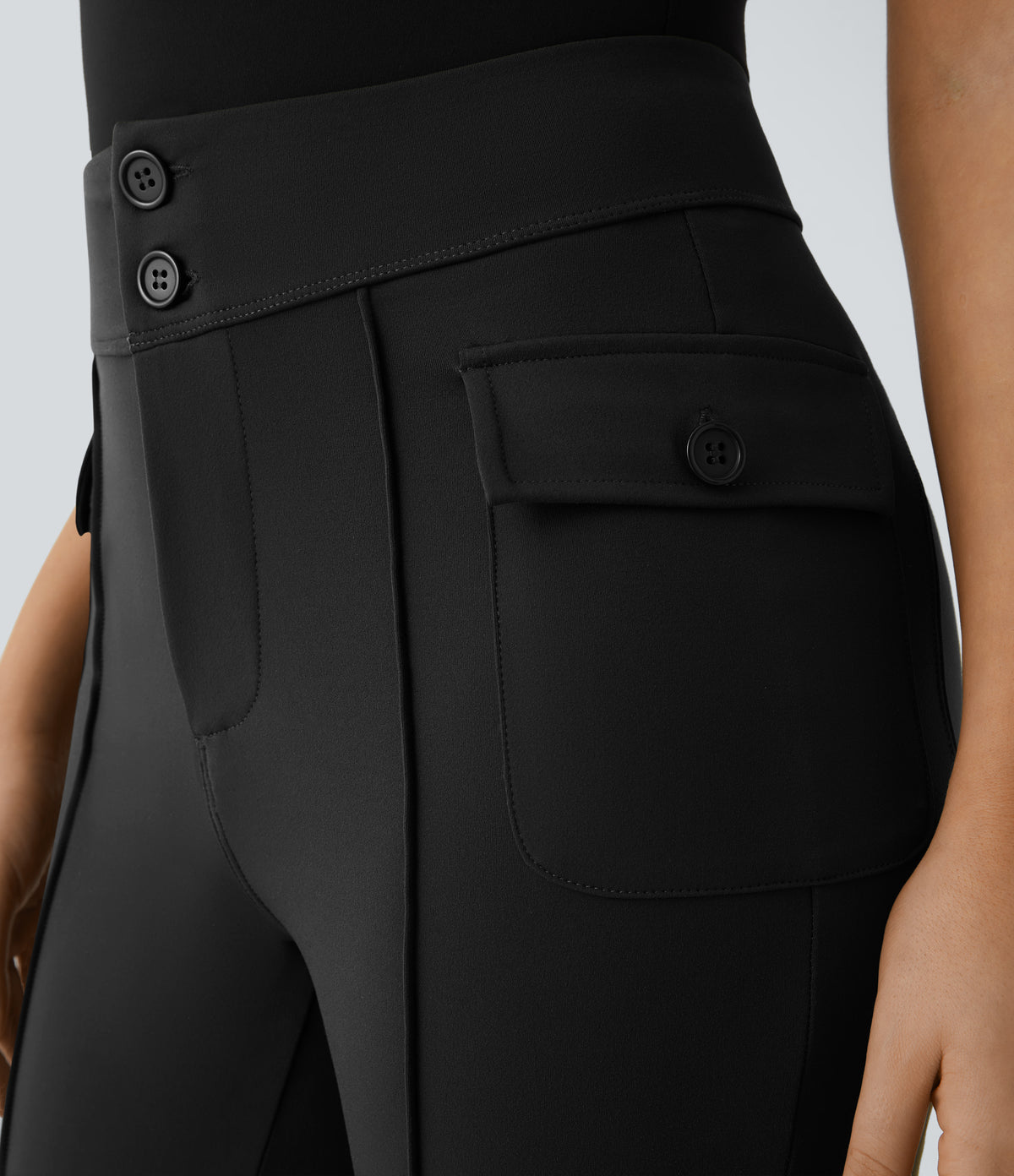 High Waisted Side Flap Pocket Flare Casual Cargo Trousers — Black — view 4