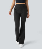 High Waisted Side Flap Pocket Flare Casual Cargo Trousers — Black — view 3
