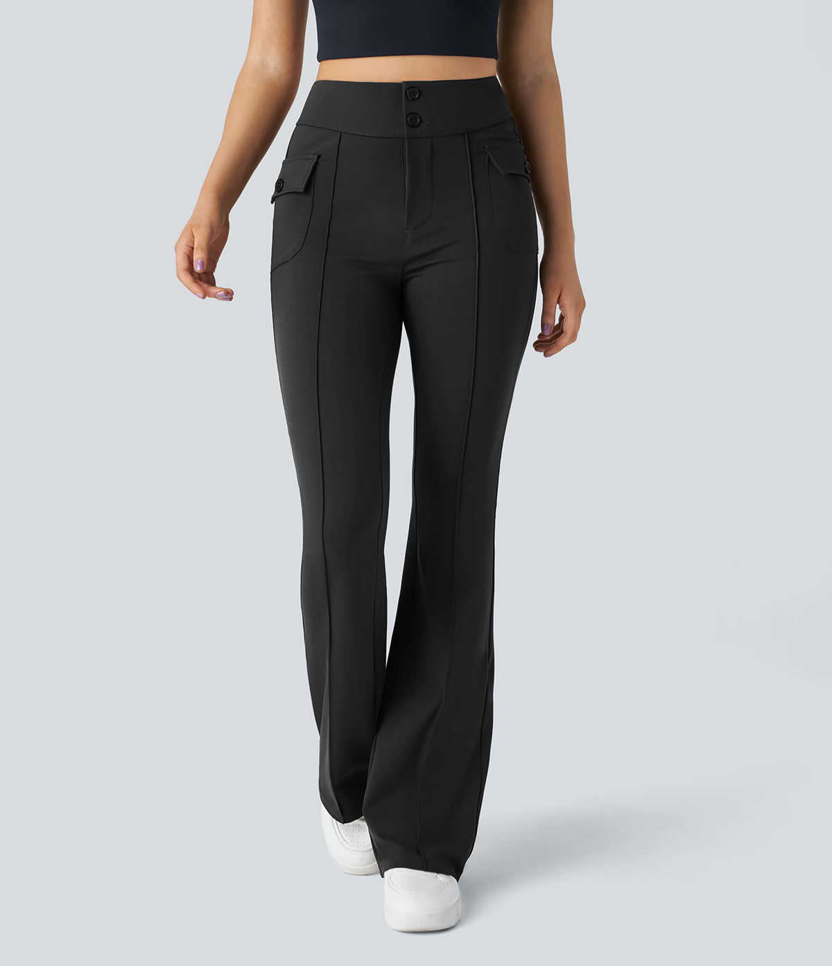 High Waisted Side Flap Pocket Flare Casual Cargo Trousers — Black — view 3