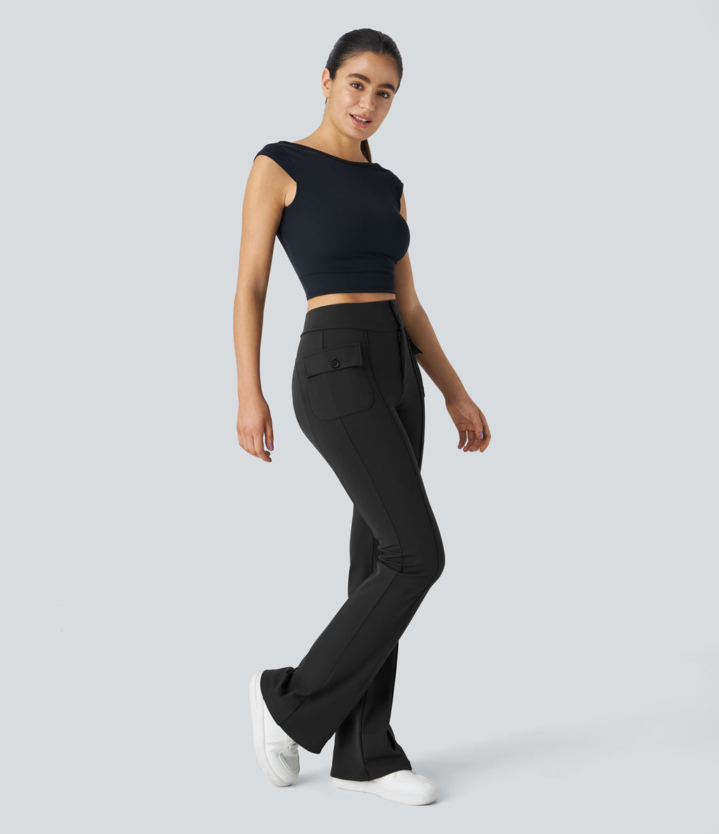 High Waisted Side Flap Pocket Flare Casual Cargo Trousers — Black — view 6