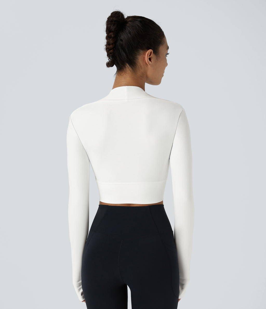 Plush Long Sleeve Thumb Hole 2-in-1 Cropped Yoga Sports Top — White — view 2