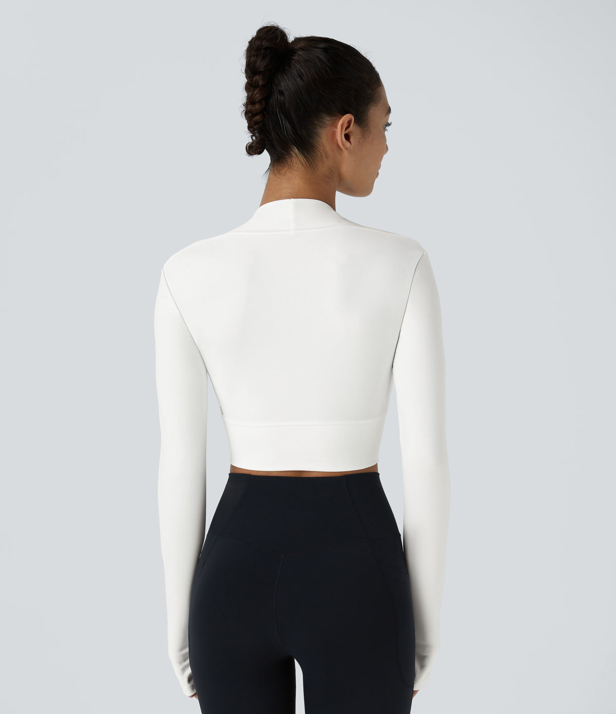 Plush Long Sleeve Thumb Hole 2-in-1 Cropped Yoga Sports Top — White — view 2