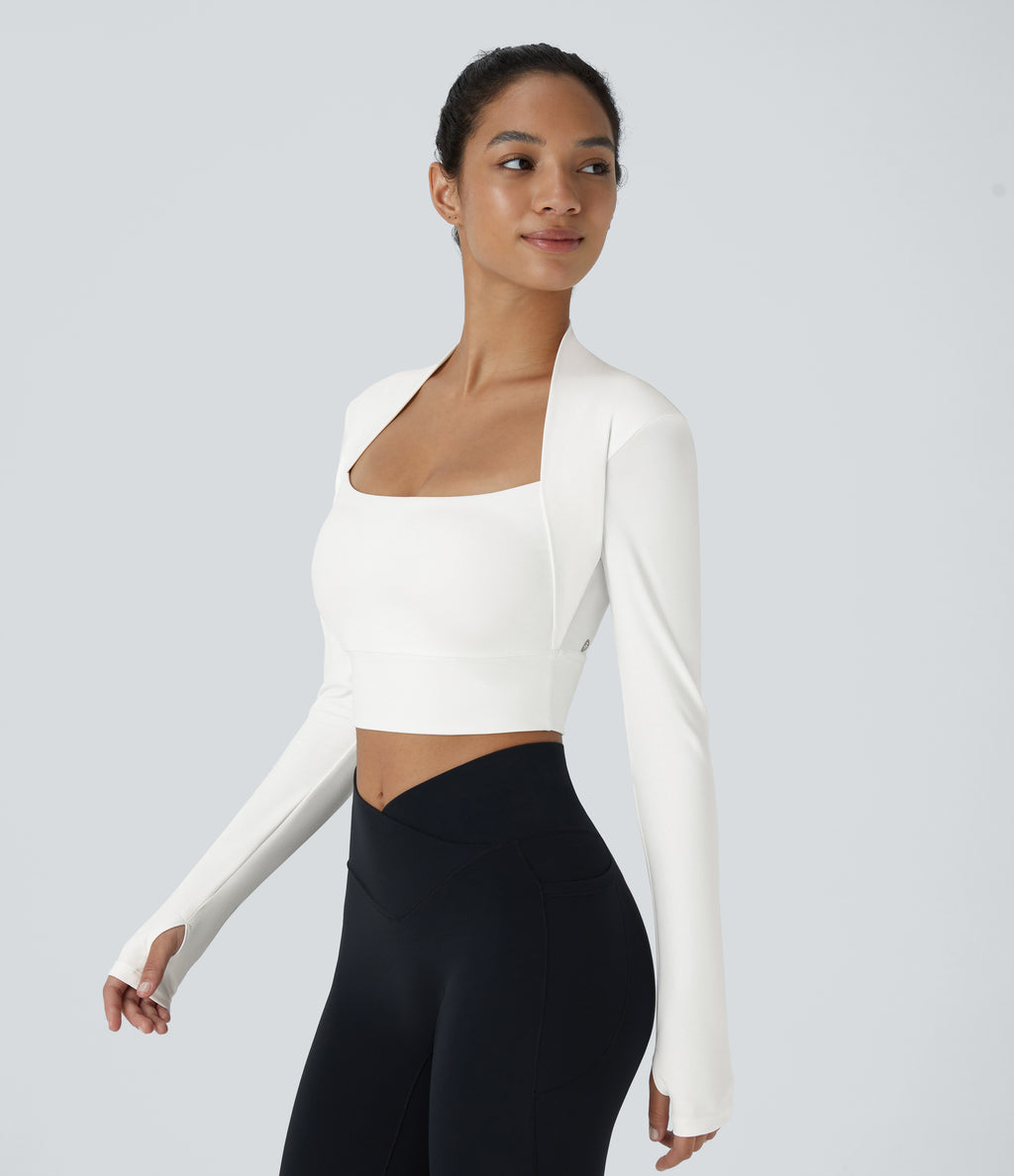 Plush Long Sleeve Thumb Hole 2-in-1 Cropped Yoga Sports Top — White — view 3