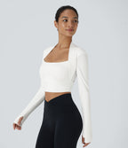 Plush Long Sleeve Thumb Hole 2-in-1 Cropped Yoga Sports Top — White — view 3