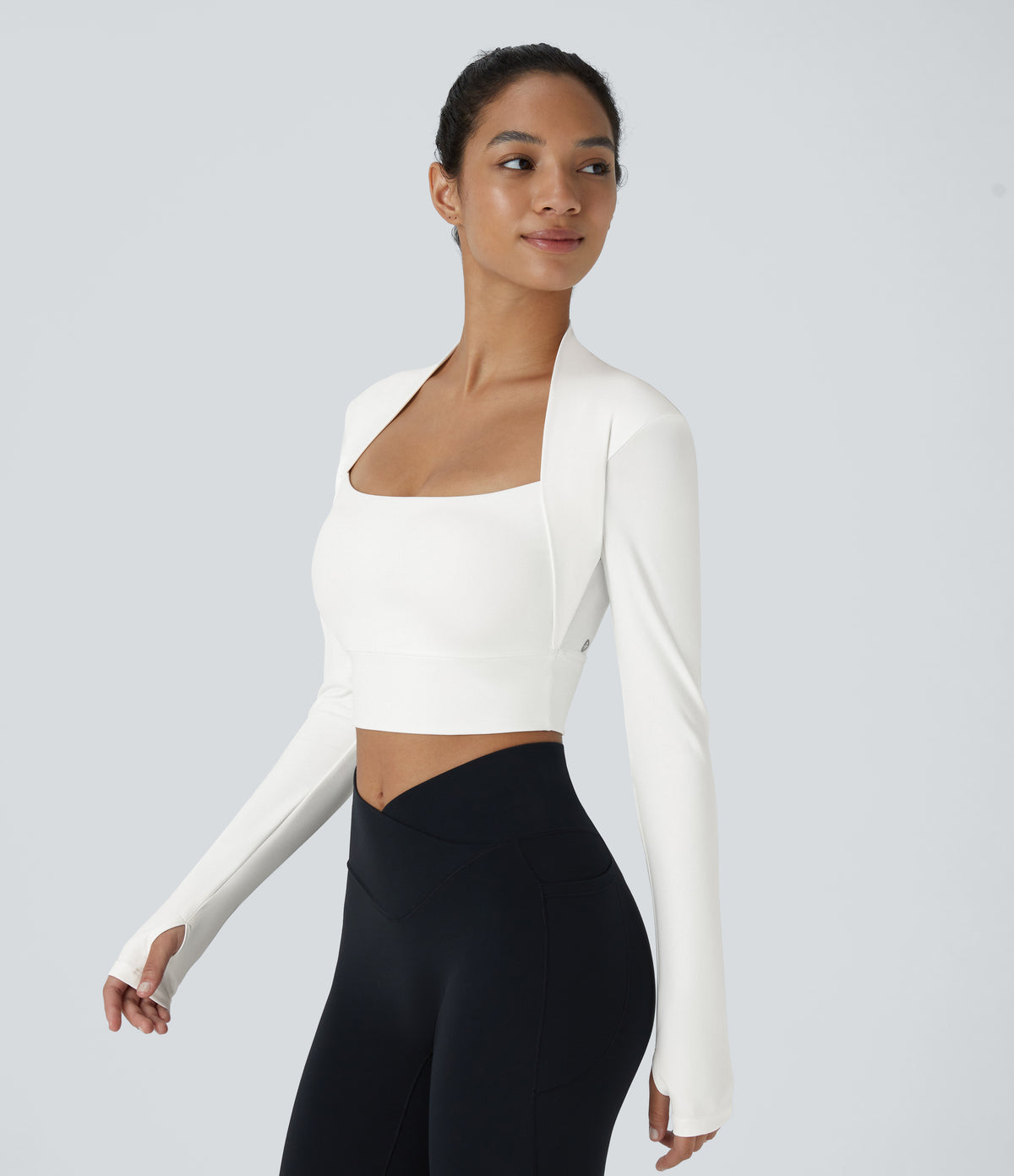 Plush Long Sleeve Thumb Hole 2-in-1 Cropped Yoga Sports Top — White — view 3