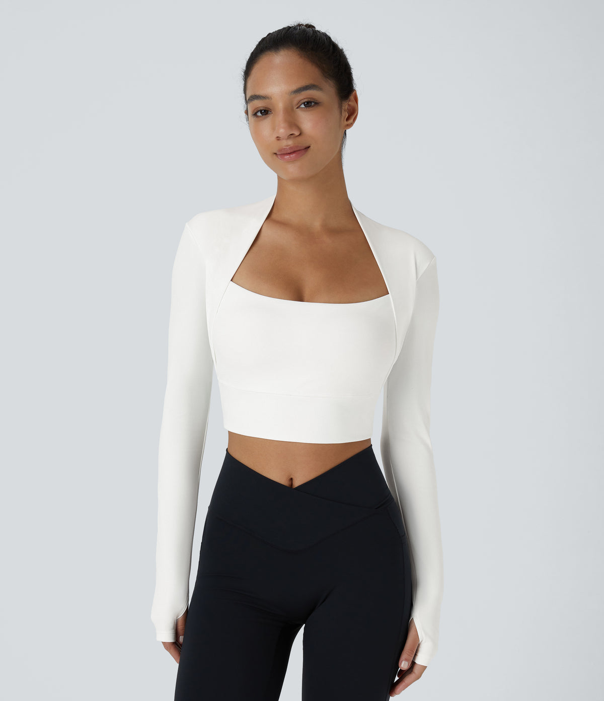 Plush Long Sleeve Thumb Hole 2-in-1 Cropped Yoga Sports Top — White — view 1