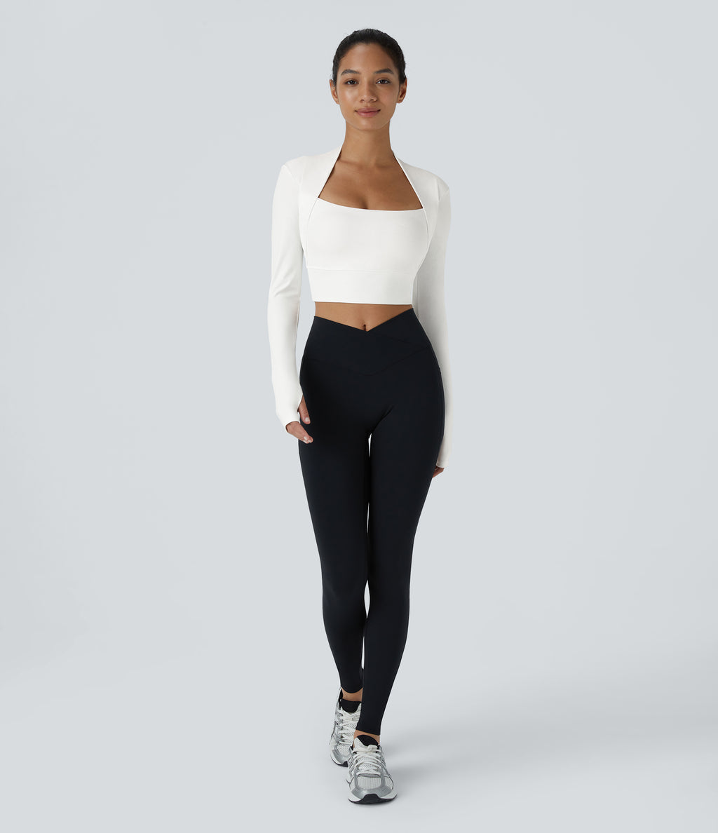 Plush Long Sleeve Thumb Hole 2-in-1 Cropped Yoga Sports Top — White — view 6