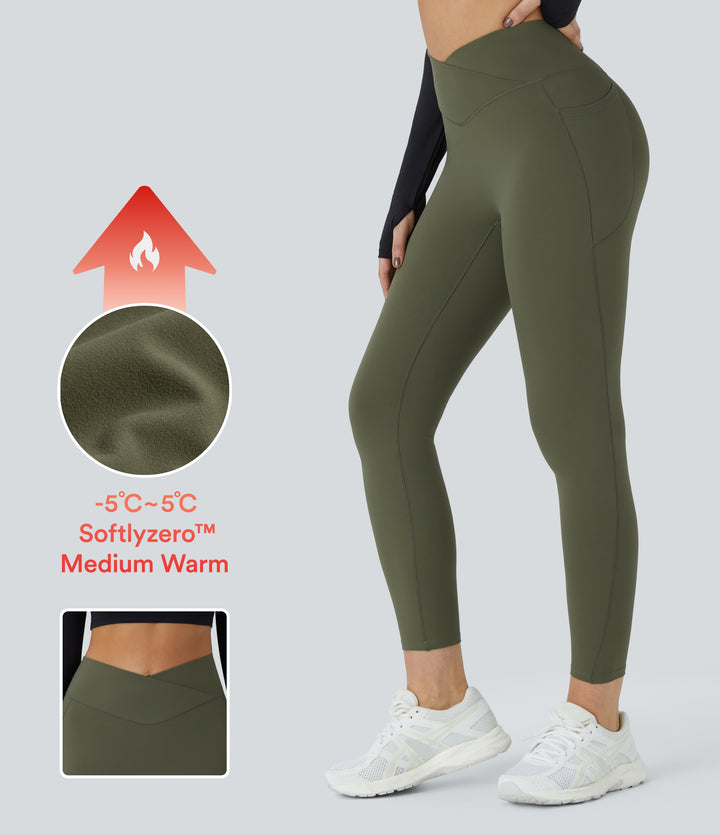 Plush Thermal High Waisted Crossover Side Pocket Yoga Leggings — Moss Green — view 1