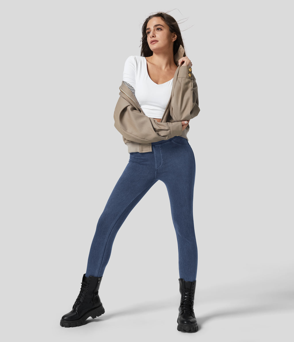 Denim Heat High Waisted Pocket Casual Leggings — Light Ocean Blue Denim — view 8
