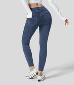 Denim Heat High Waisted Pocket Casual Leggings — Light Ocean Blue Denim — view 1