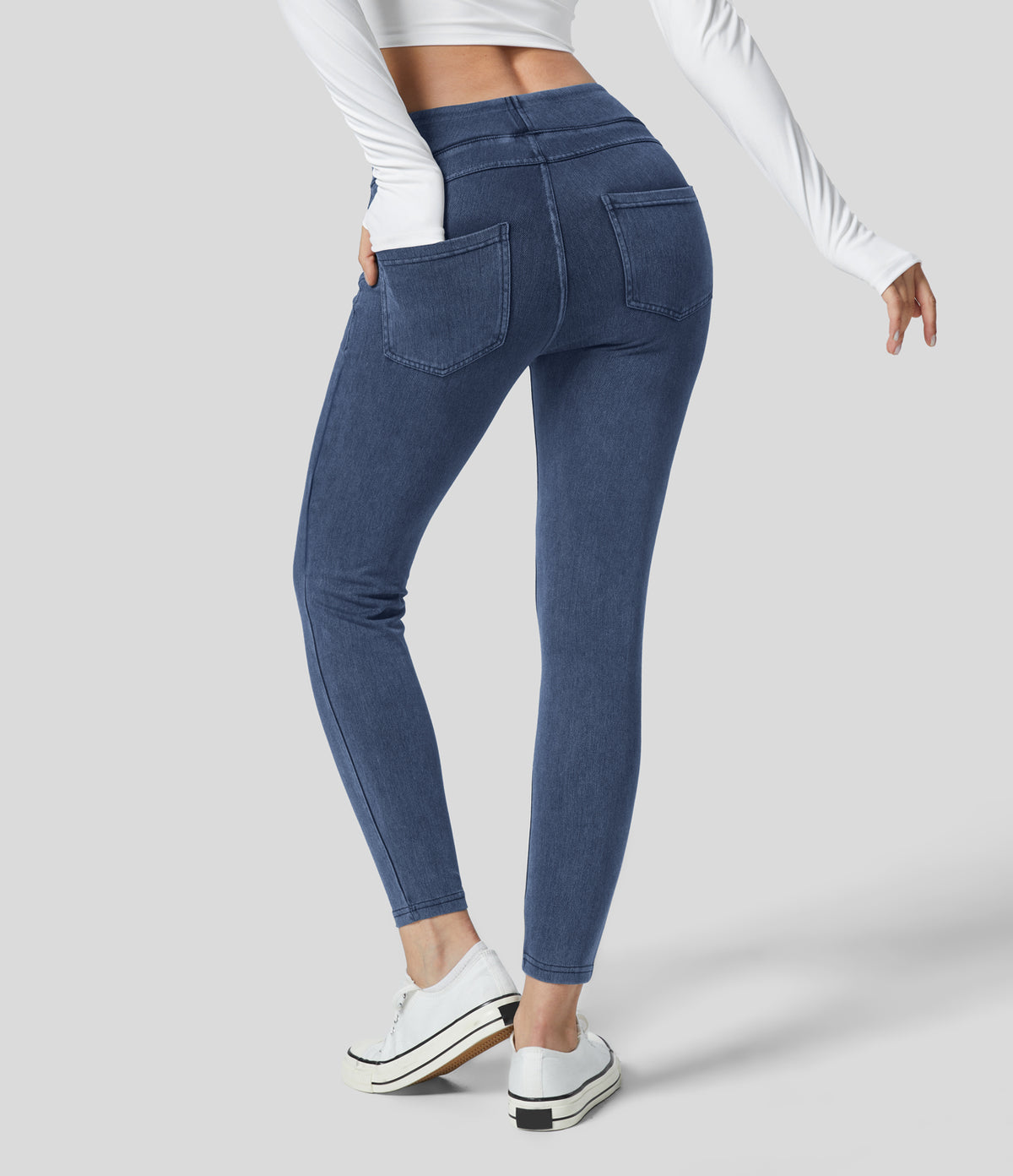 Denim Heat High Waisted Pocket Casual Leggings — Light Ocean Blue Denim — view 1
