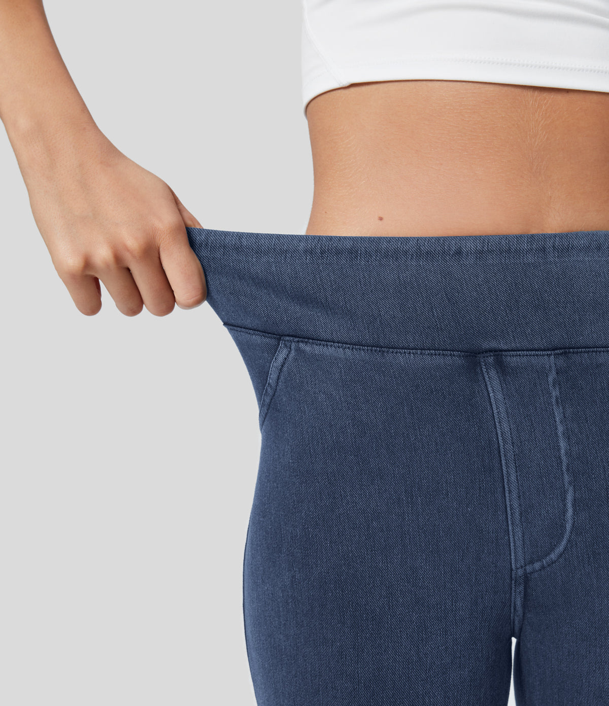 Denim Heat High Waisted Pocket Casual Leggings — Light Ocean Blue Denim — view 4