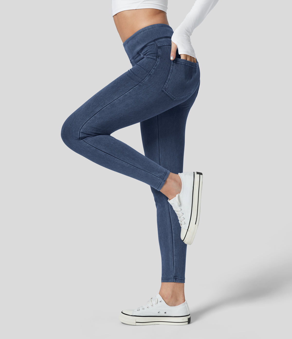 Denim Heat High Waisted Pocket Casual Leggings — Light Ocean Blue Denim — view 3