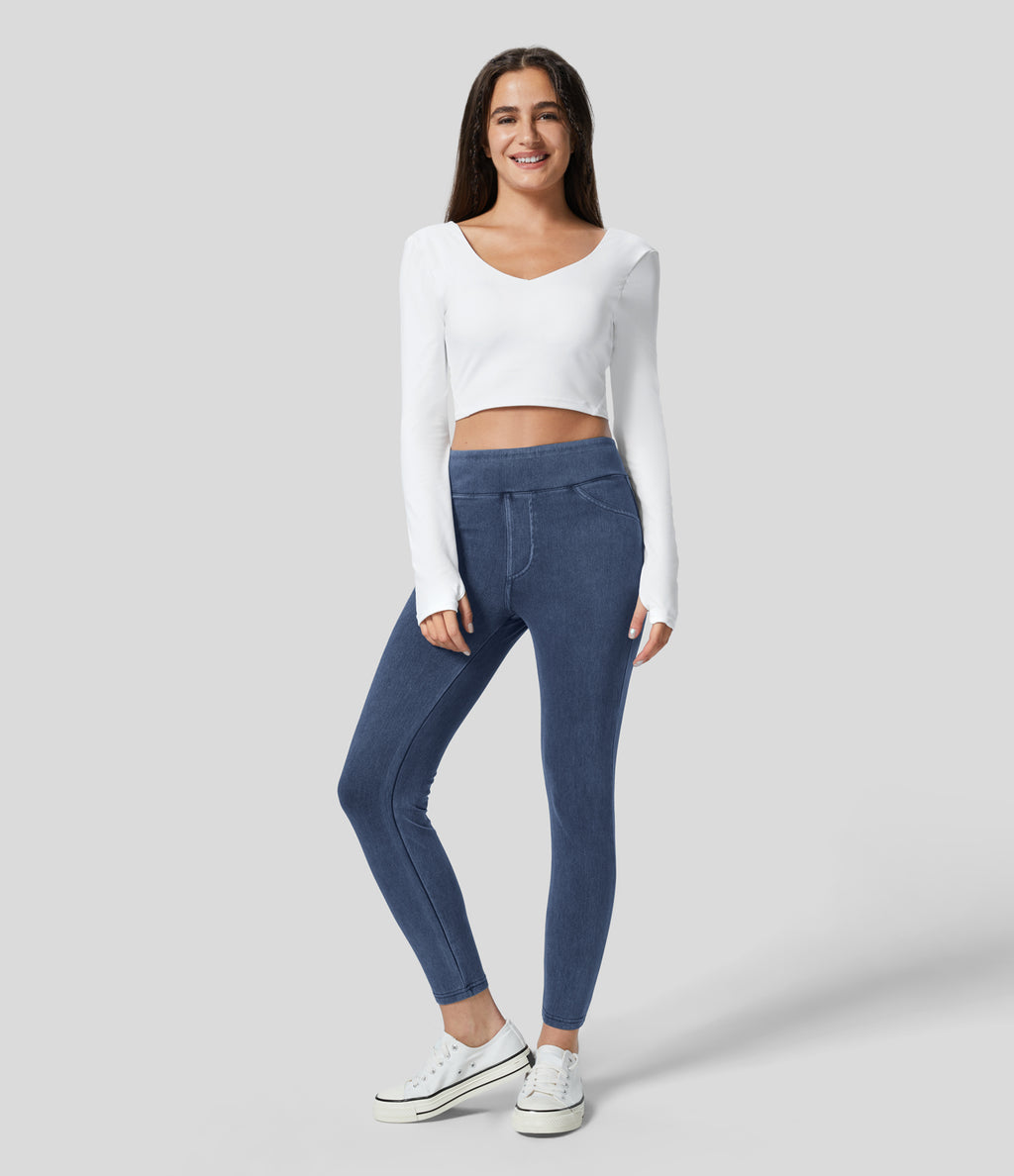Denim Heat High Waisted Pocket Casual Leggings — Light Ocean Blue Denim — view 7
