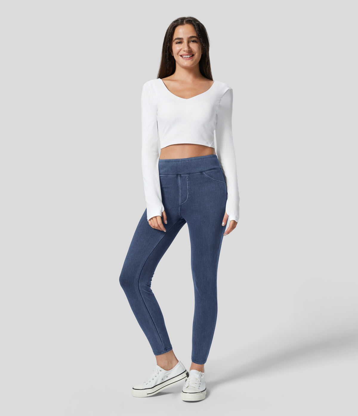 Denim Heat High Waisted Pocket Casual Leggings — Light Ocean Blue Denim — view 7