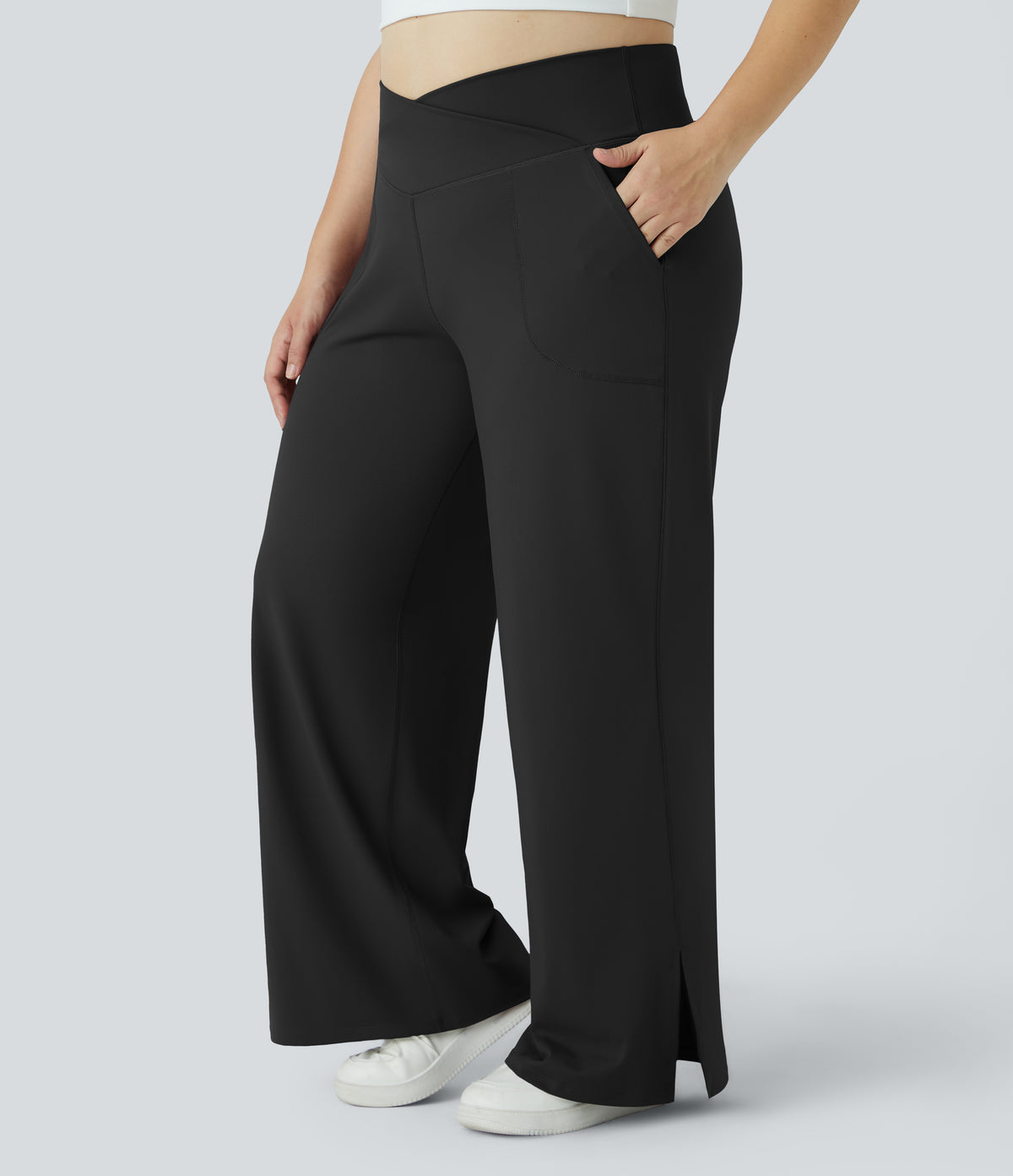 Crossover Pocket Hem Plus Size Wide Leg Yoga Trousers-Smile — Black — view 1
