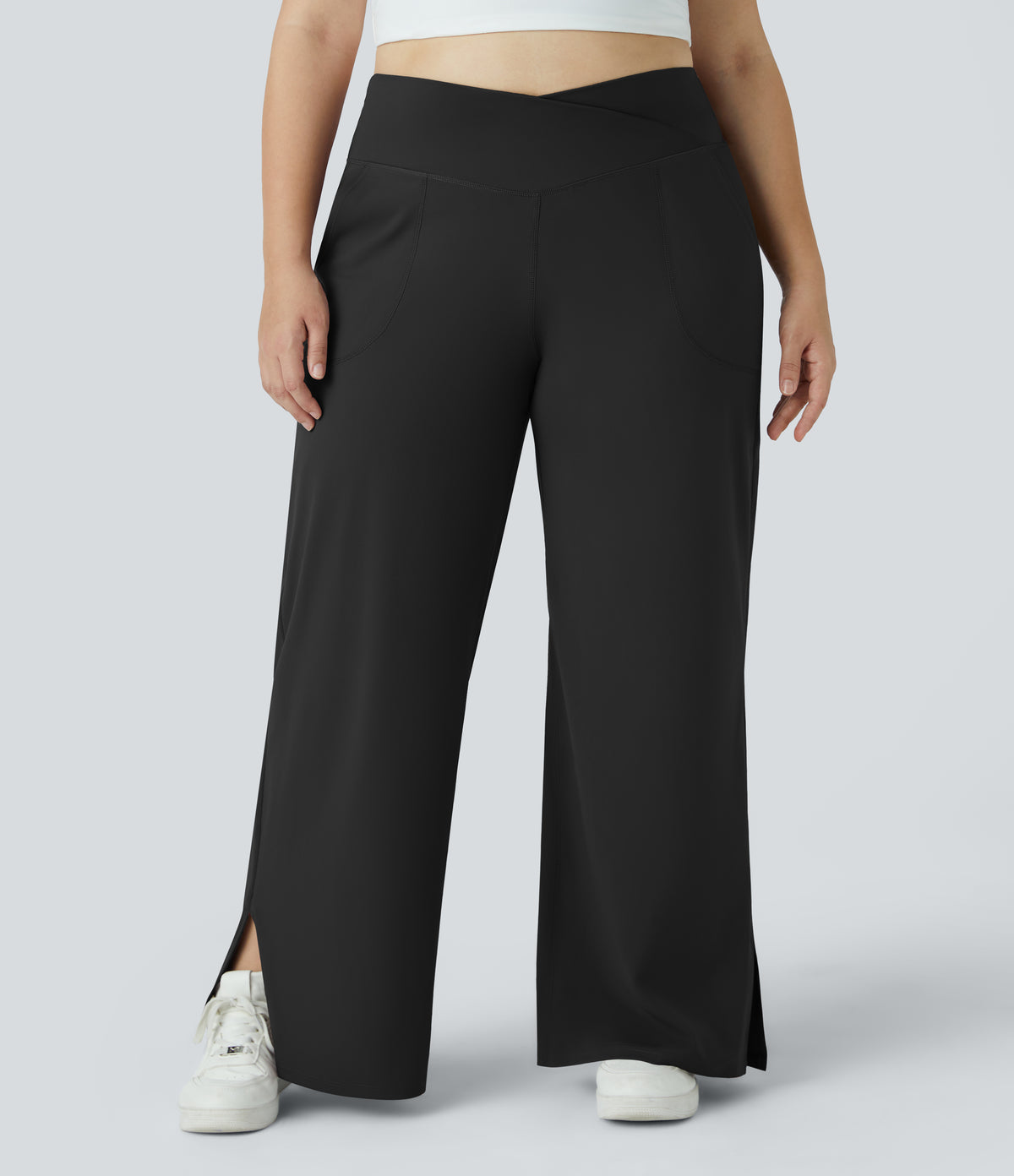 Crossover Pocket Hem Plus Size Wide Leg Yoga Trousers-Smile — Black — view 3