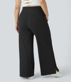 Crossover Pocket Hem Plus Size Wide Leg Yoga Trousers-Smile — Black — view 2
