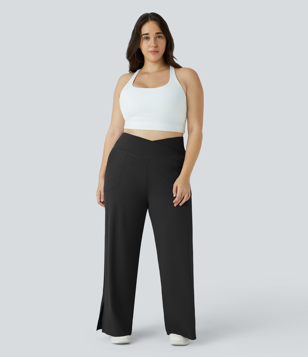 Crossover Pocket Hem Plus Size Wide Leg Yoga Trousers-Smile — Black — view 5