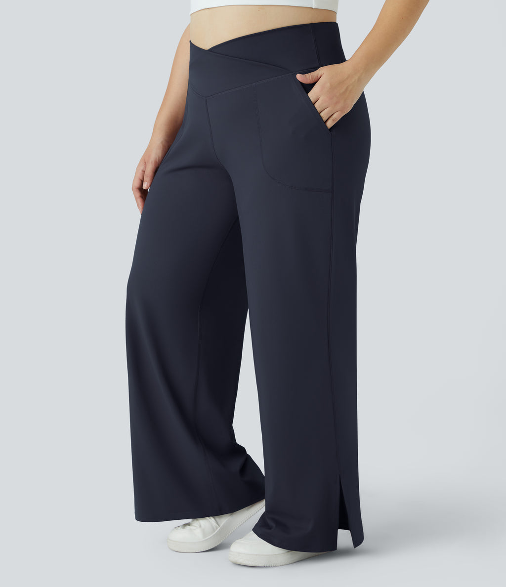 Crossover Pocket Hem Plus Size Wide Leg Yoga Trousers-Smile — Midnight Blue — view 6