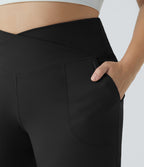 Crossover Pocket Hem Plus Size Wide Leg Yoga Trousers-Smile — Black — view 4